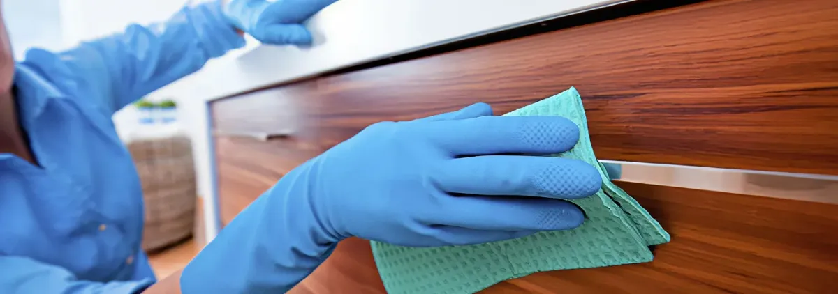 Cleaner wearing blue gloves wiping a wooden cabinet drawer with a microfiber cloth for dust and grime removal, Charlotte, NC.